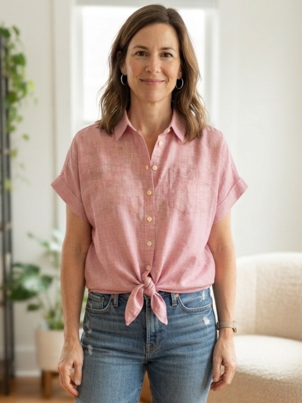 Madewell Red Tie-Front Short Sleeve Button-Down Shirt